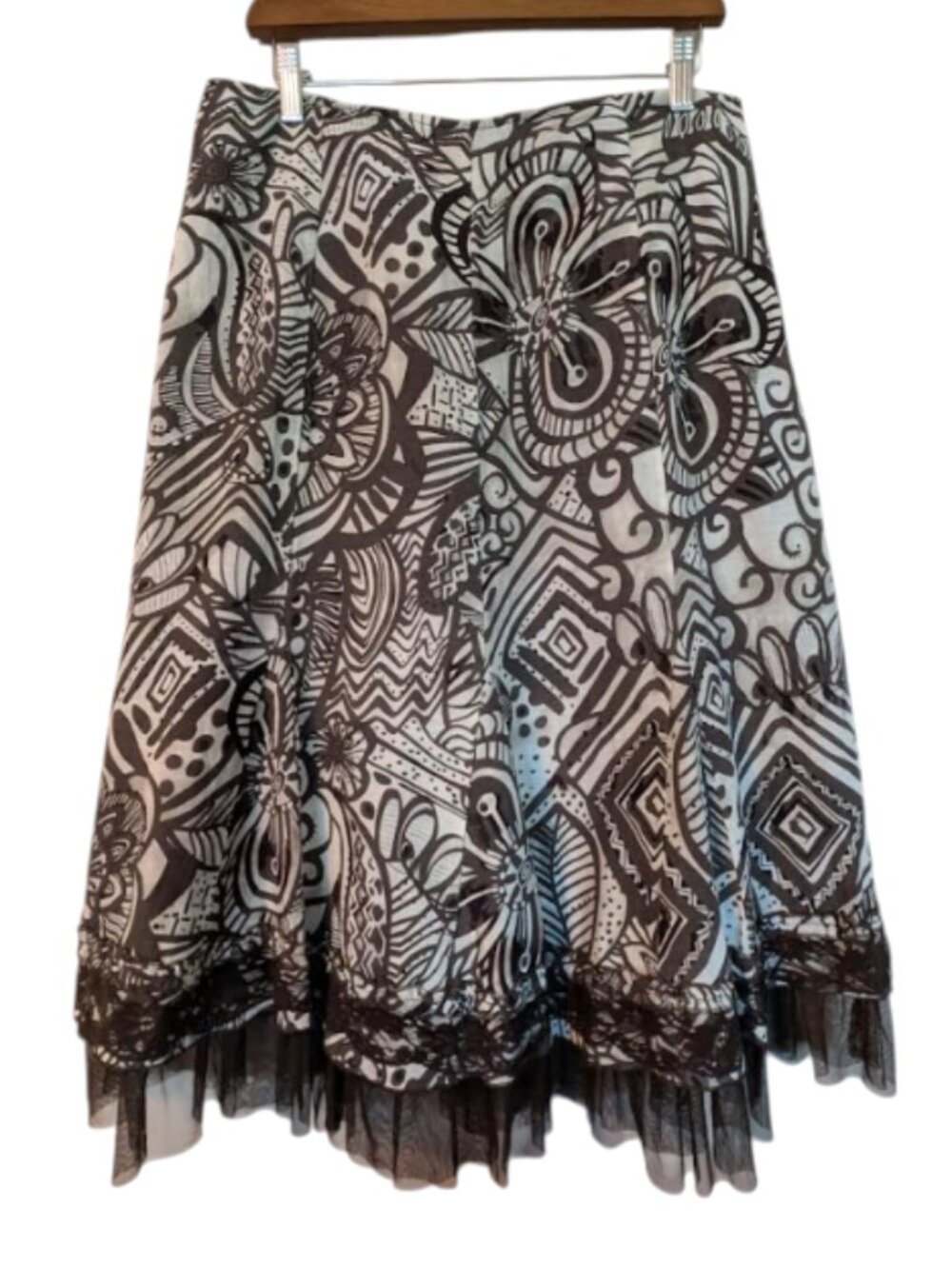 Linea Domani Cream Brown Linen Blend Abstract Midi Skirt 12 Boho
